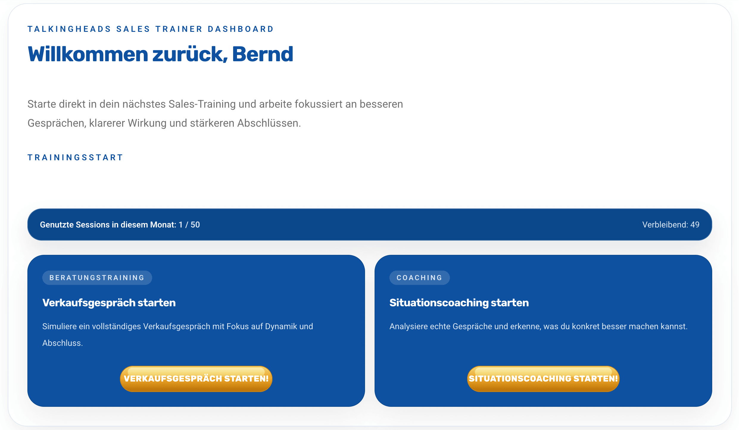 Dashboard des talkingHEADS Sales Trainer mit Trainingsstart und zwei Aktionskarten